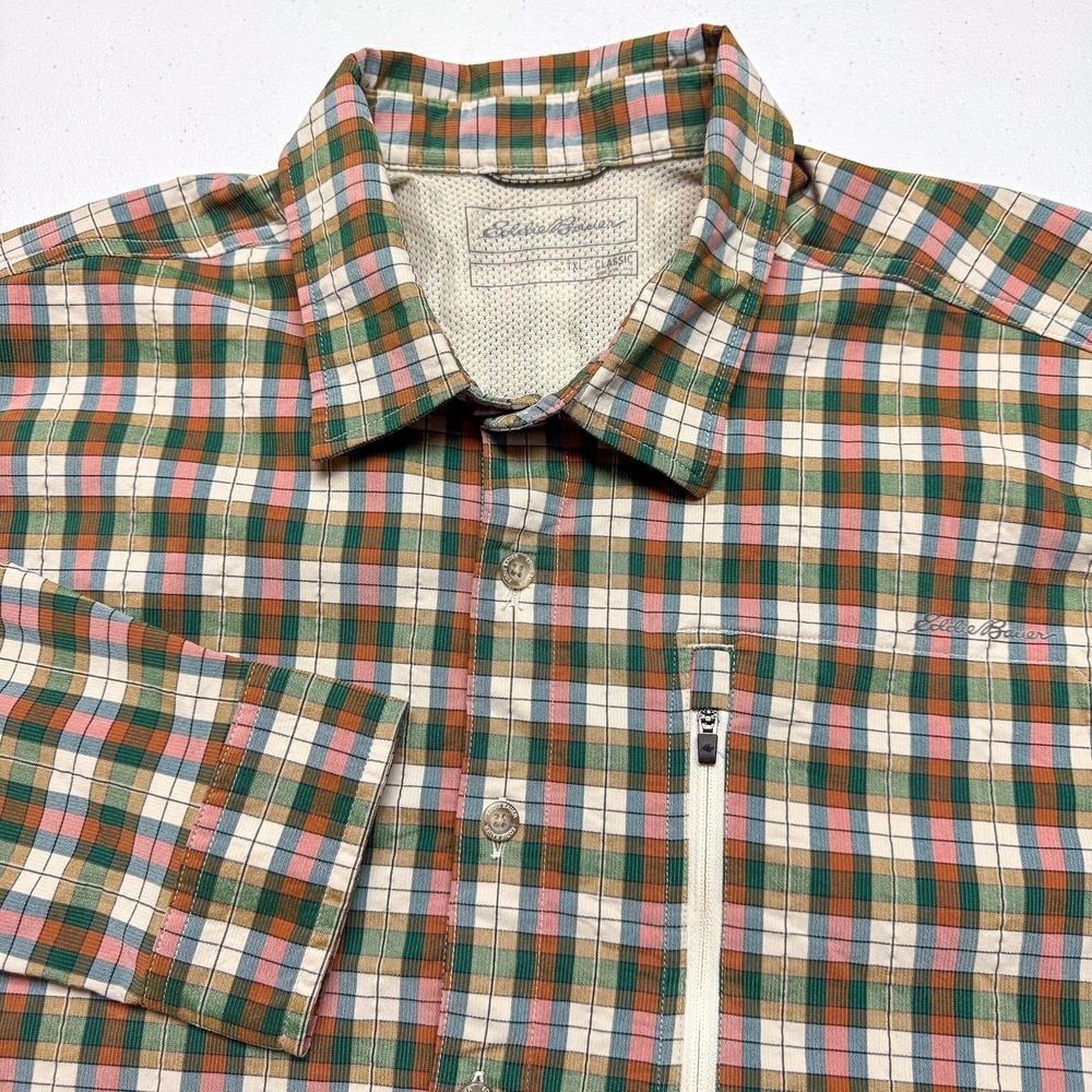 Eddie Bauer Shirt Mens XLT Classic Green‎ Plaid Long Sleeve Performance Outdoor